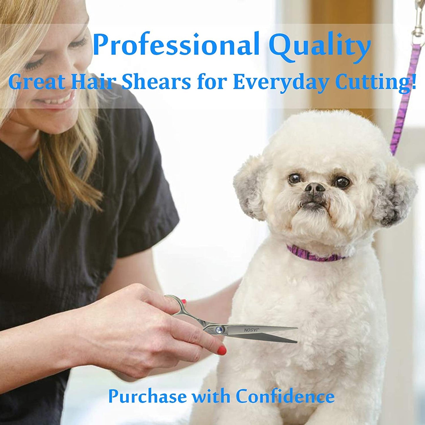 Dog Grooming Scissors Shears - 7" Straight Ergonomic Pet Trimming Kit | Premium Cats Shear with Offset Handle and Jewelled Screw, Sharp, Comfortable, Gift