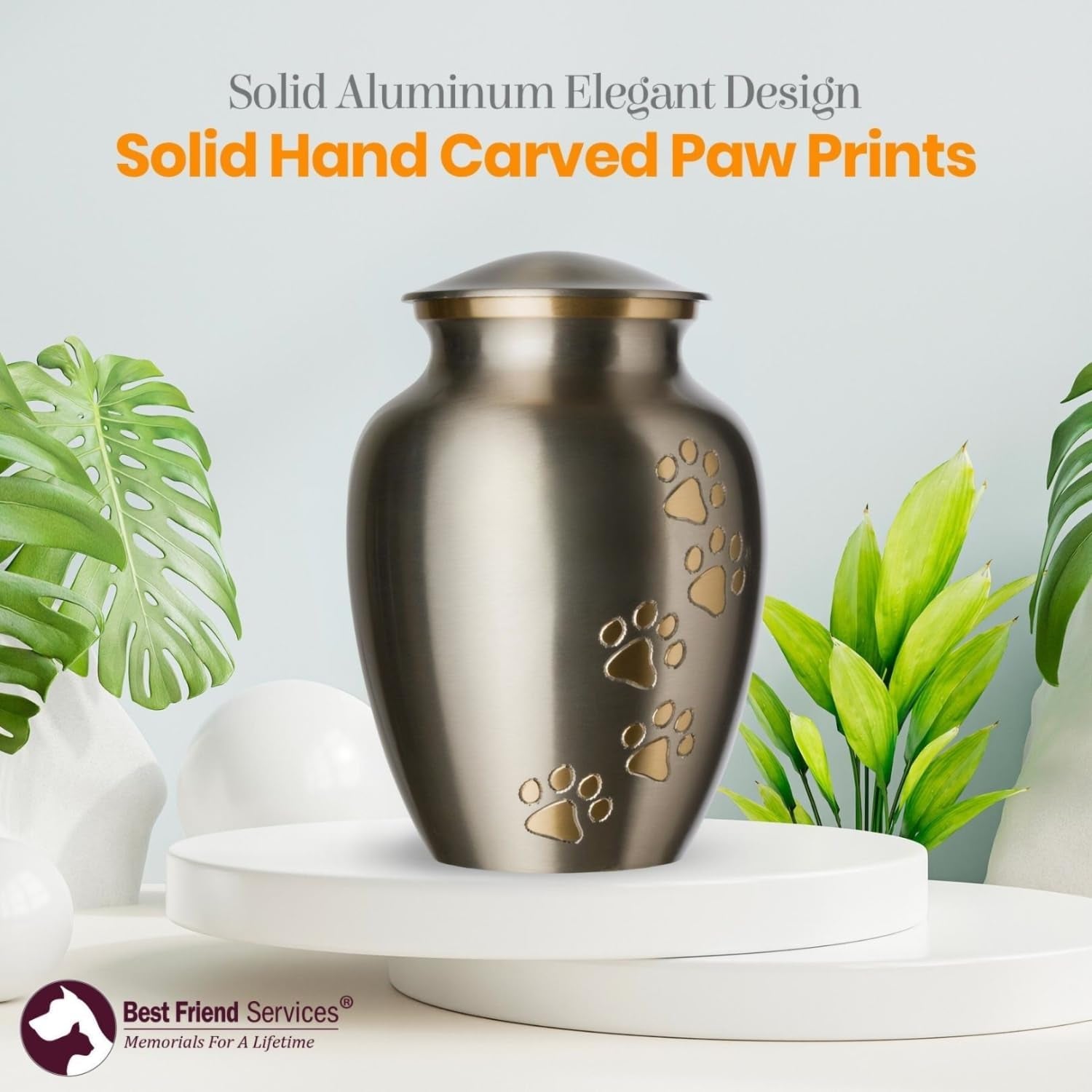Ottillie Paws Legacy Series Pet Urn for Dogs, Handmade Brass Memorial Cremation Urn (X-Large - Pets up to 170 Lbs, Pewter, Vertical Brass Paws)
