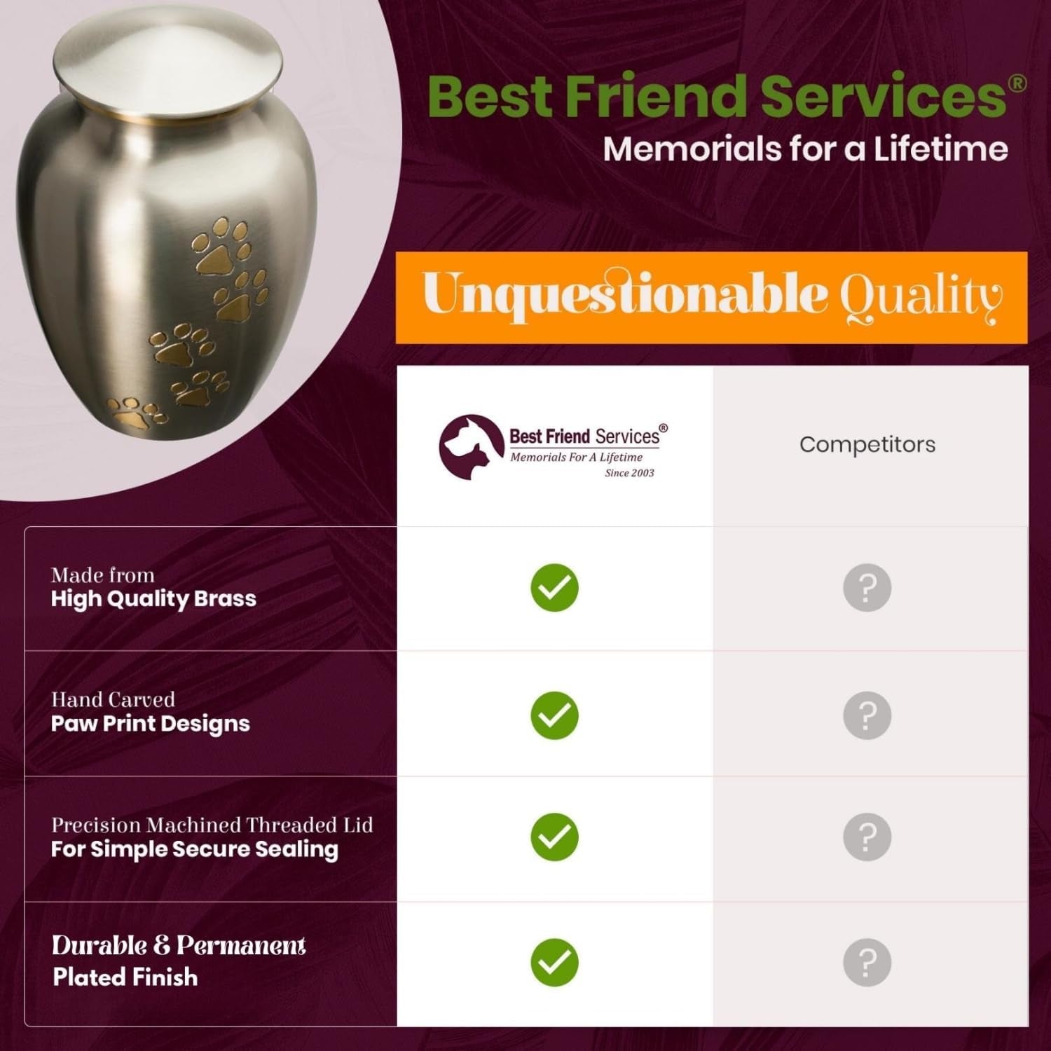 Ottillie Paws Legacy Series Pet Urn for Dogs, Handmade Brass Memorial Cremation Urn (X-Large - Pets up to 170 Lbs, Pewter, Vertical Brass Paws)