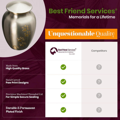 Ottillie Paws Legacy Series Pet Urn for Dogs, Handmade Brass Memorial Cremation Urn (X-Large - Pets up to 170 Lbs, Pewter, Vertical Brass Paws)