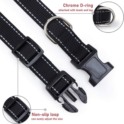 Reflective Dog Collar with Buckle Adjustable Safety Nylon Collars for Small Medium Large Dogs, Black S | Breathable, No Chafing on Walks and Outdoor Hikes, Metal D-Ring, Night Safety