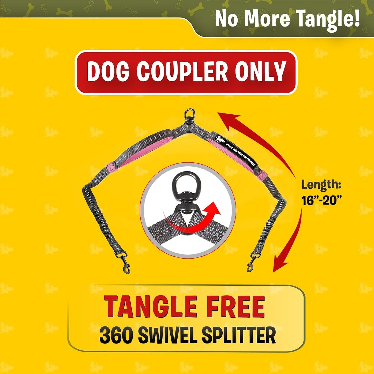 Exquisite Dual Dog Coupler for Large Dogs. Trending Double Dog Leash Attachment with Tangle-Free Swivel. You Will Absolutely Love This Amazing Gear for 2 Dogs (Dark Grey & Pink)