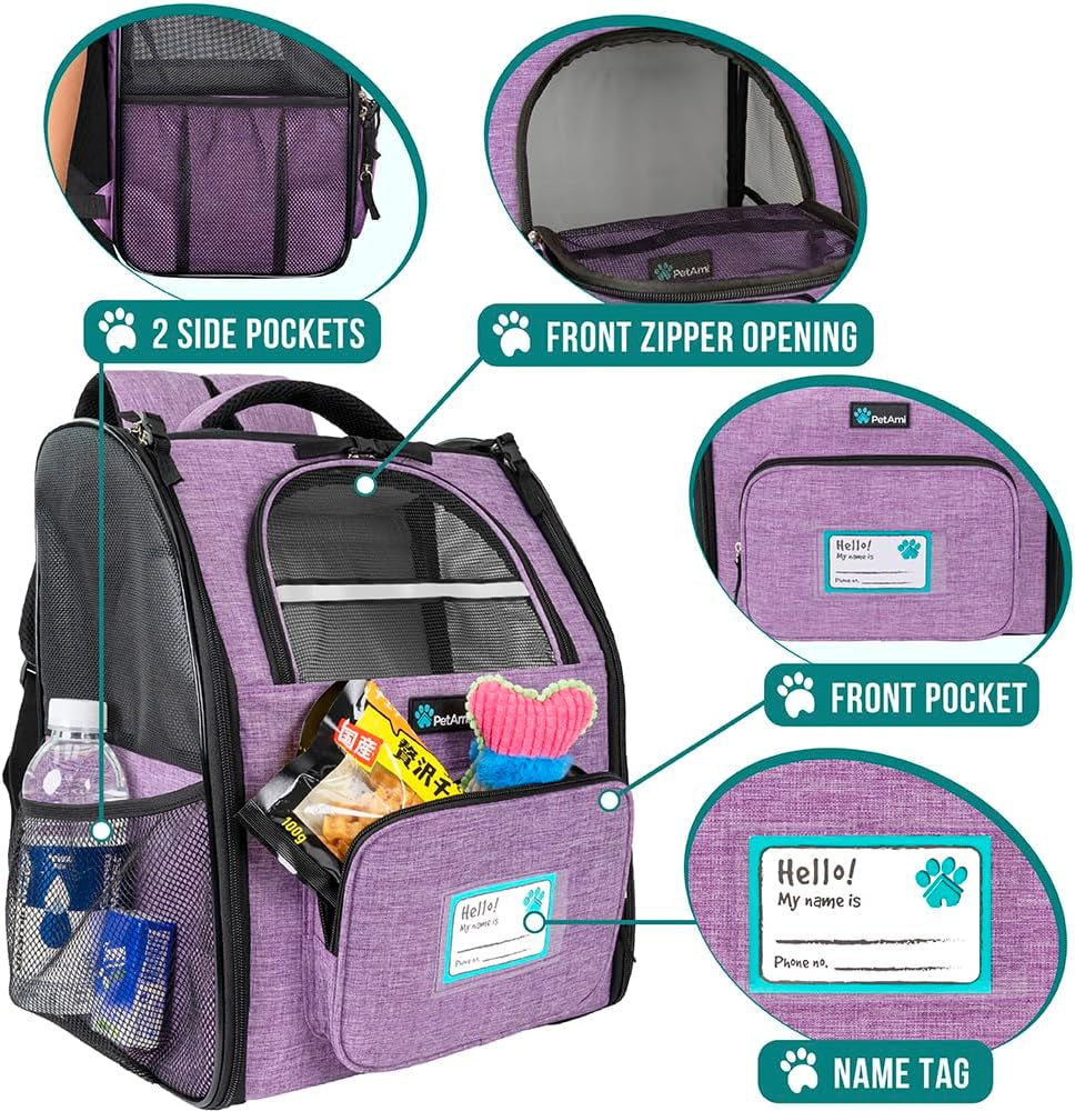 Dog Backpack Carrier Airline Approved Cat Pet Puppy Bag, Purple | Ideal for Small Medium Large Pet up to 18 Lb, 2 Side Entry Structured No-Collapse Frame, Ventilated Bookbag for Hiking Travel