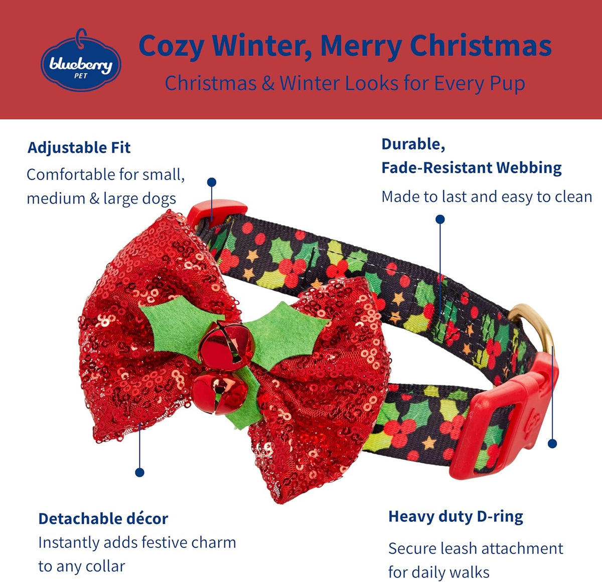 Christmas Holly Dog Collar with Bowtie, Small Adjustable 12"-16" Neck, Holiday Collar for Small Dogs