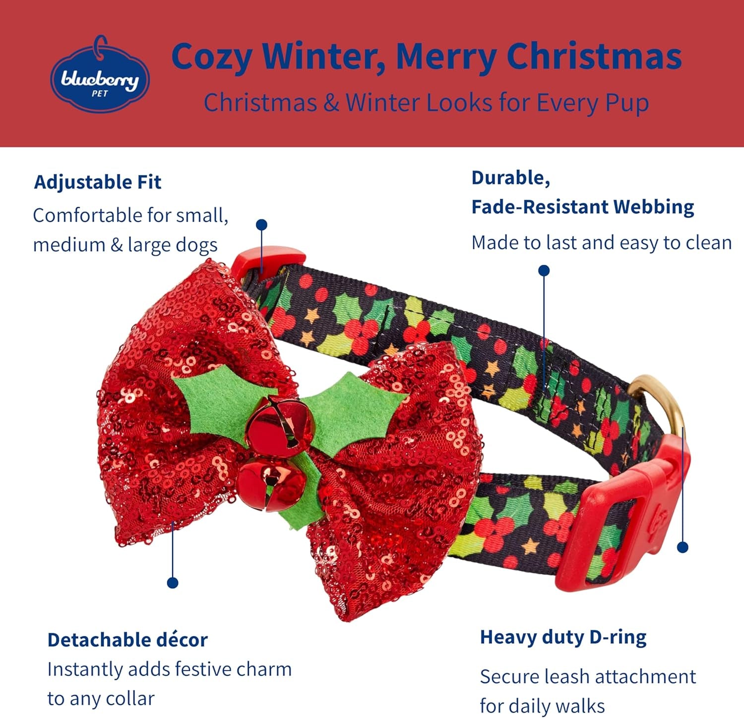Christmas Holly Dog Collar with Bowtie, Small Adjustable 12"-16" Neck, Holiday Collar for Small Dogs