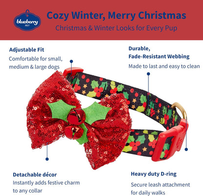 Christmas Holly Dog Collar with Bowtie, Small Adjustable 12"-16" Neck, Holiday Collar for Small Dogs