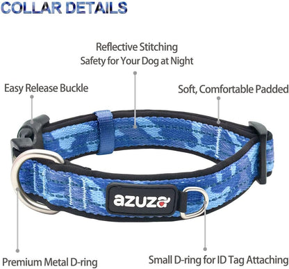 Reflective Dog Collar and Leash Set with Airtag Holder, Blue Camo Padded Collar with Matching Clip Handle Leash for Small Dogs