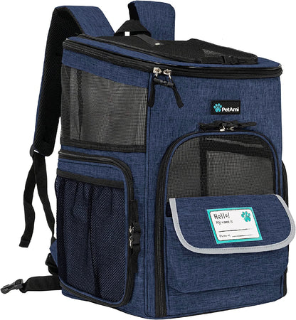Dog Backpack Carrier, Airline Approved 4-Way Entry Cat Backpack Carrier, Ventilated Mesh, Collapsible Pet Carrier for Small Puppy, Kitten, Hiking, Travel Car, Vet, up to 18 Lbs, Navy Blue