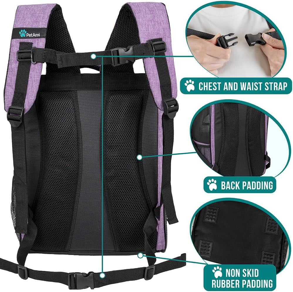 Dog Backpack Carrier Airline Approved Cat Pet Puppy Bag, Purple | Ideal for Small Medium Large Pet up to 18 Lb, 2 Side Entry Structured No-Collapse Frame, Ventilated Bookbag for Hiking Travel
