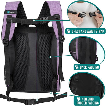 Dog Backpack Carrier Airline Approved Cat Pet Puppy Bag, Purple | Ideal for Small Medium Large Pet up to 18 Lb, 2 Side Entry Structured No-Collapse Frame, Ventilated Bookbag for Hiking Travel