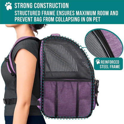 Dog Backpack Carrier Airline Approved Cat Pet Puppy Bag, Purple | Ideal for Small Medium Large Pet up to 18 Lb, 2 Side Entry Structured No-Collapse Frame, Ventilated Bookbag for Hiking Travel