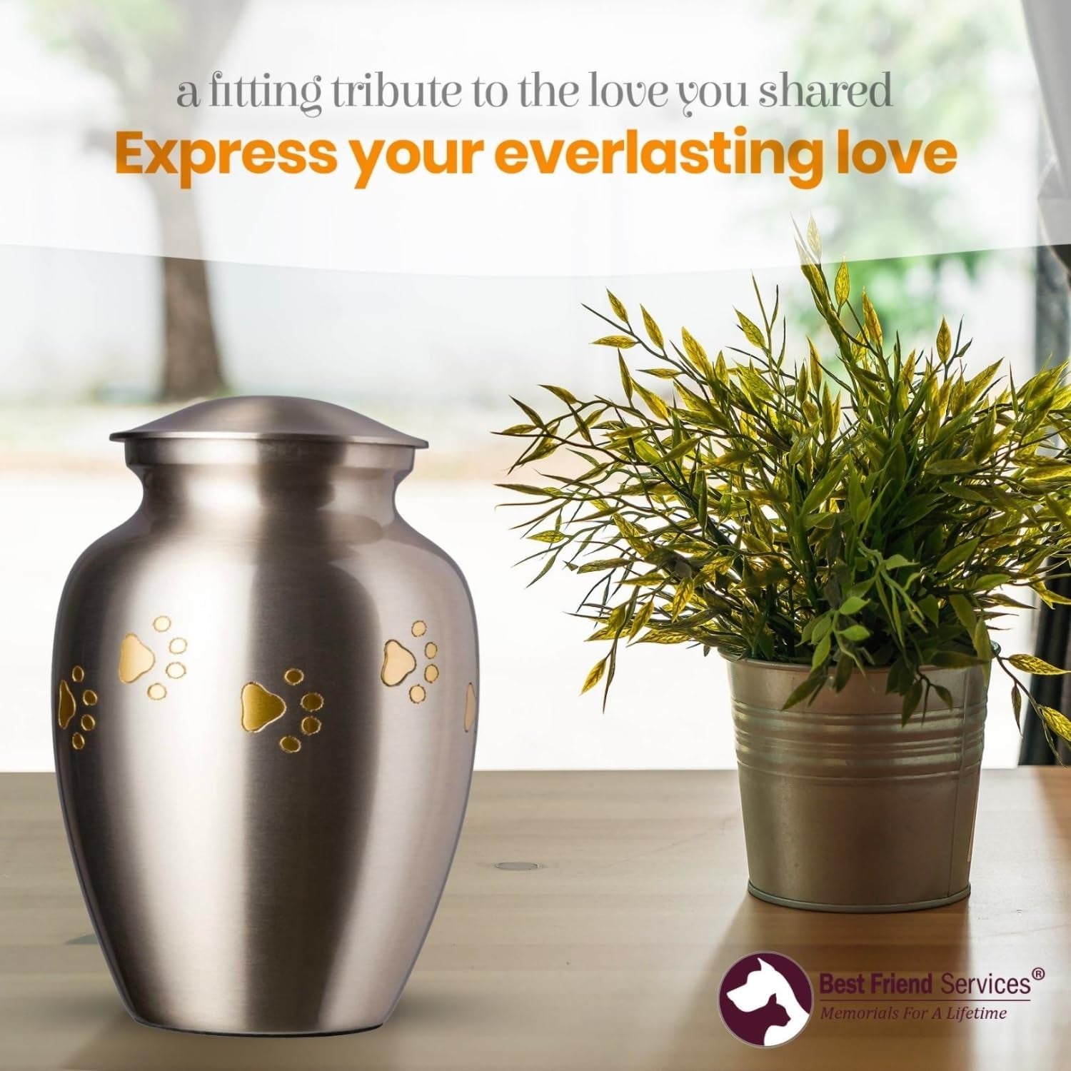 Ottillie Paws Legacy Series Pet Urn for Dogs, Handmade Brass Memorial Cremation Urn (X-Large - Pets up to 170 Lbs, Pewter, Vertical Brass Paws)