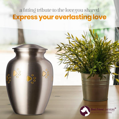 Ottillie Paws Legacy Series Pet Urn for Dogs, Handmade Brass Memorial Cremation Urn (X-Large - Pets up to 170 Lbs, Pewter, Vertical Brass Paws)