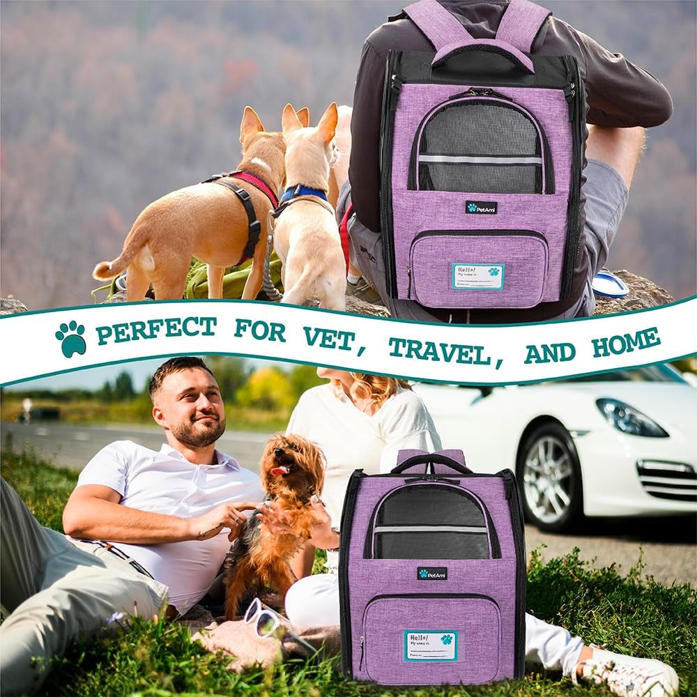 Dog Backpack Carrier Airline Approved Cat Pet Puppy Bag, Purple | Ideal for Small Medium Large Pet up to 18 Lb, 2 Side Entry Structured No-Collapse Frame, Ventilated Bookbag for Hiking Travel