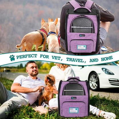 Dog Backpack Carrier Airline Approved Cat Pet Puppy Bag, Purple | Ideal for Small Medium Large Pet up to 18 Lb, 2 Side Entry Structured No-Collapse Frame, Ventilated Bookbag for Hiking Travel