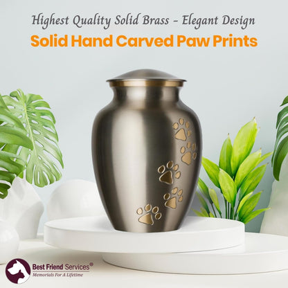 Ottillie Paws Legacy Series Pet Urn for Dogs, Handmade Brass Memorial Cremation Urn (X-Large - Pets up to 170 Lbs, Pewter, Vertical Brass Paws)