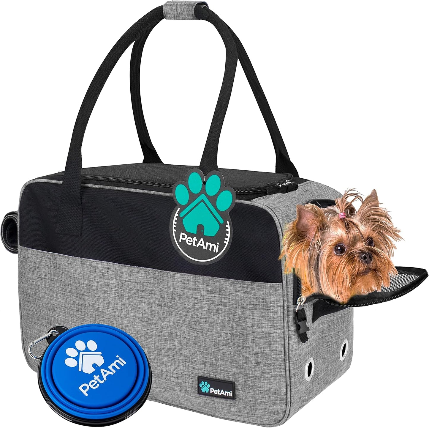 Dog Purse Carrier for Small Dogs Cats, TSA Airline Approved Soft-Sided Pet Carrier with Pockets, Ventilated Travel Tote Bag with Bed & Shoulder Strap, Puppy Kitten, Max 12 Lbs, Heather Grey