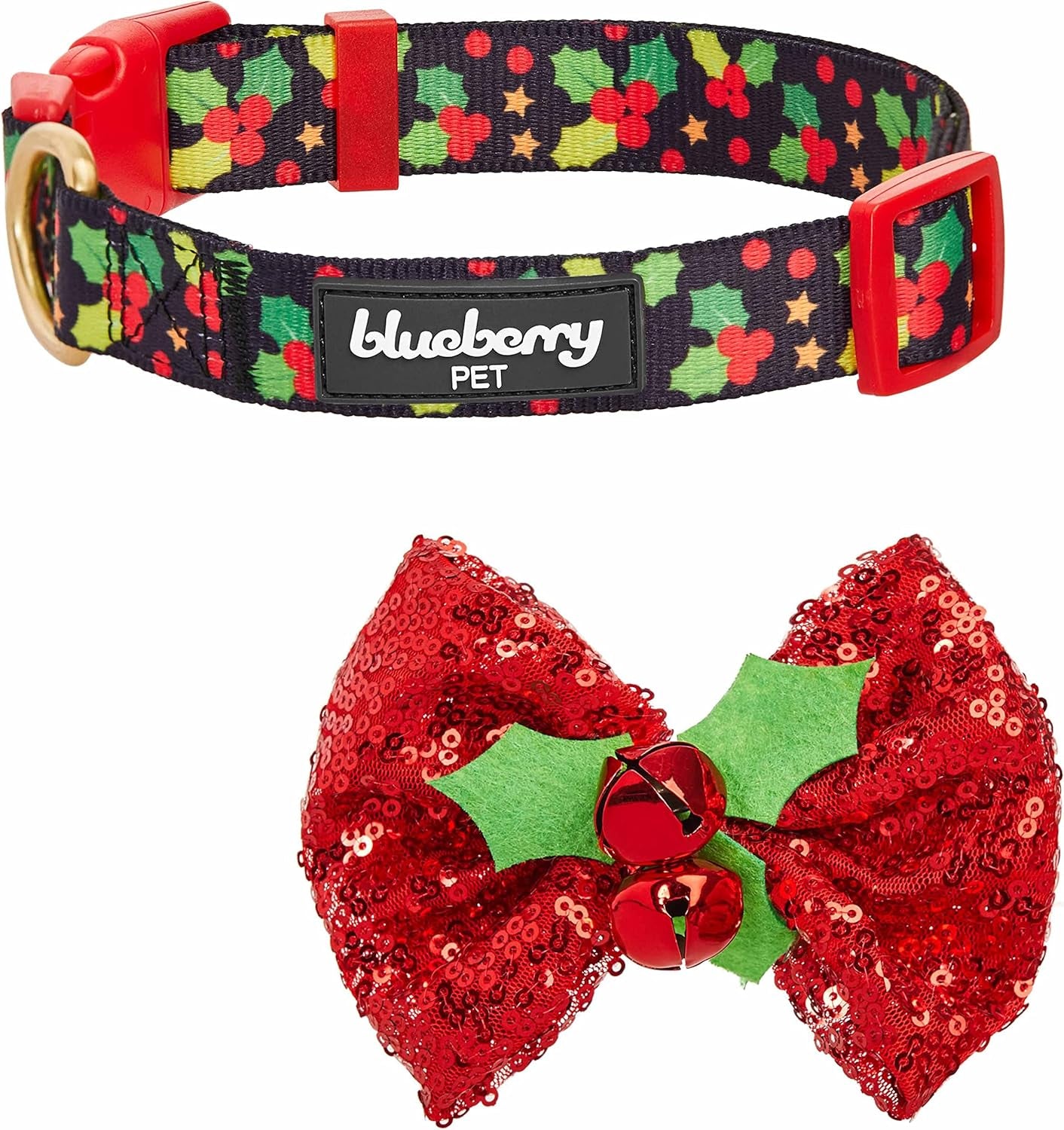 Christmas Holly Dog Collar with Bowtie, Small Adjustable 12"-16" Neck, Holiday Collar for Small Dogs