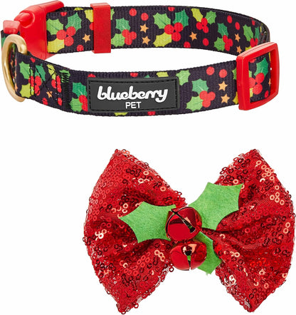 Christmas Holly Dog Collar with Bowtie, Small Adjustable 12"-16" Neck, Holiday Collar for Small Dogs