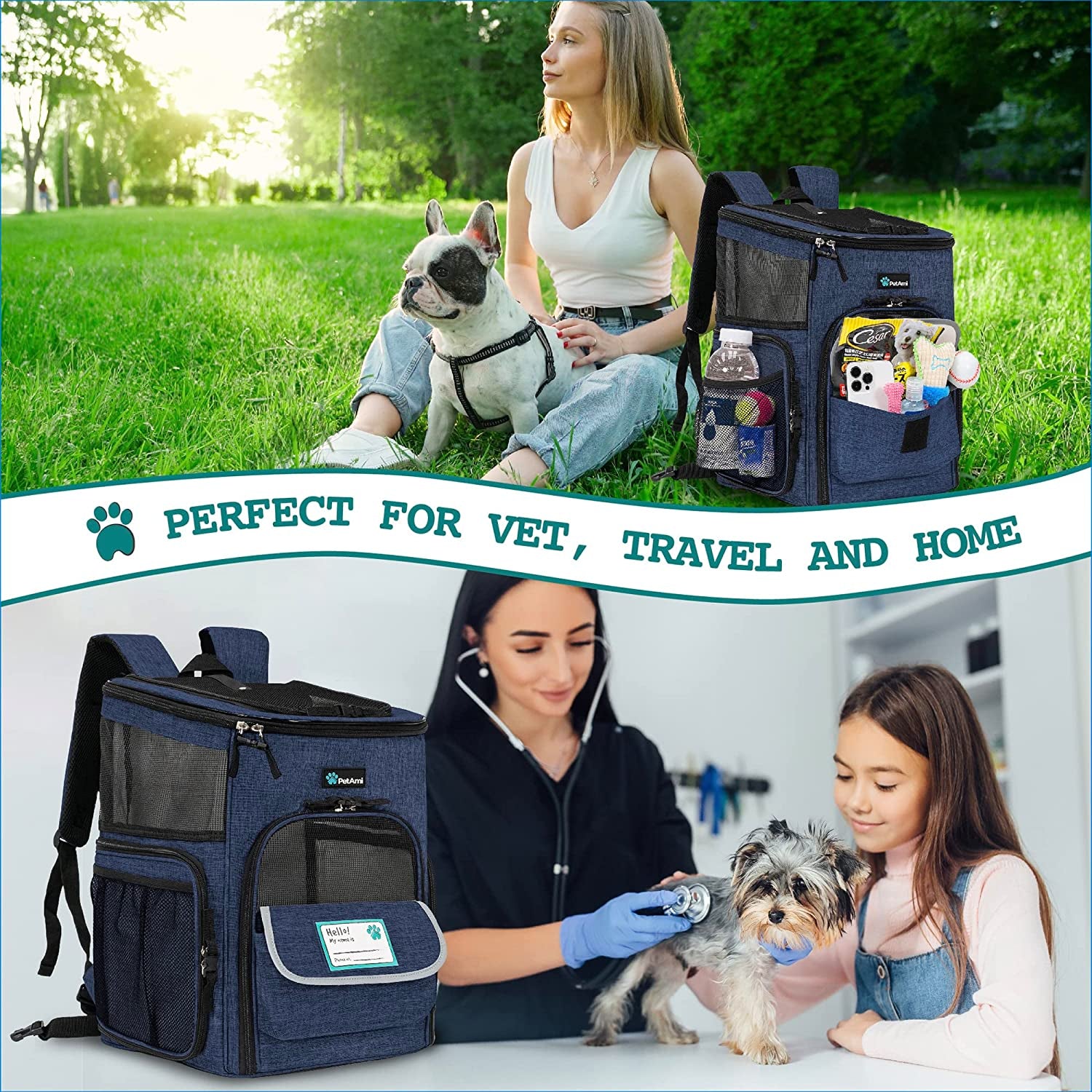Dog Backpack Carrier, Airline Approved 4-Way Entry Cat Backpack Carrier, Ventilated Mesh, Collapsible Pet Carrier for Small Puppy, Kitten, Hiking, Travel Car, Vet, up to 18 Lbs, Navy Blue