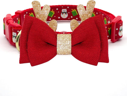 Christmas Dog Collar Adjustable Xmas Dog Collars with Christmas Antler Bow Tie Accessories Snowman Dog Collar for Medium Dogs