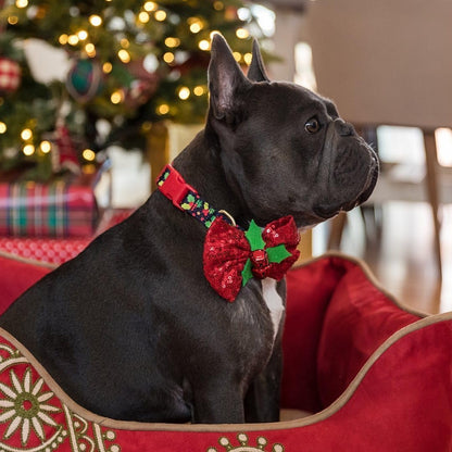 Christmas Holly Dog Collar with Bowtie, Small Adjustable 12"-16" Neck, Holiday Collar for Small Dogs