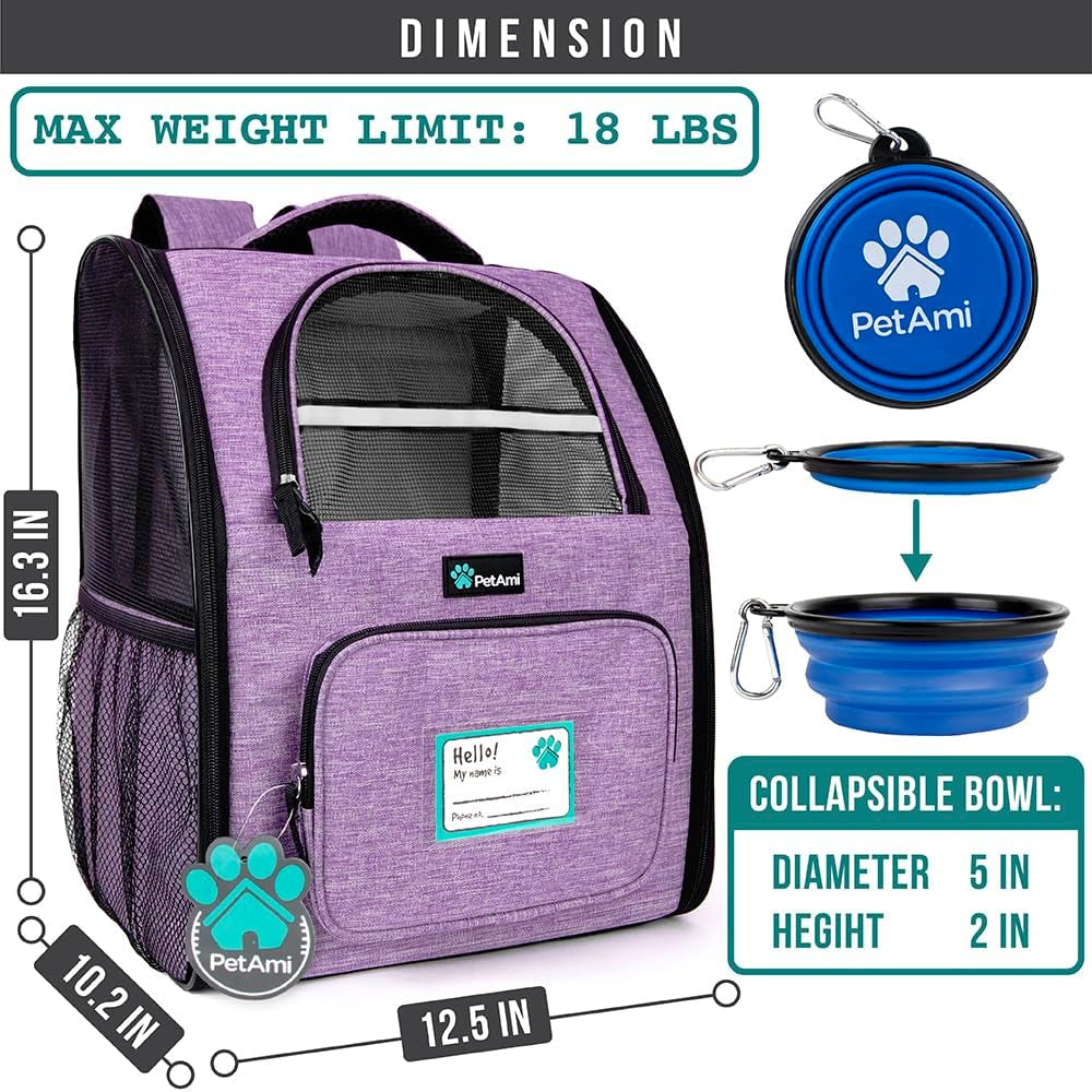 Dog Backpack Carrier Airline Approved Cat Pet Puppy Bag, Purple | Ideal for Small Medium Large Pet up to 18 Lb, 2 Side Entry Structured No-Collapse Frame, Ventilated Bookbag for Hiking Travel