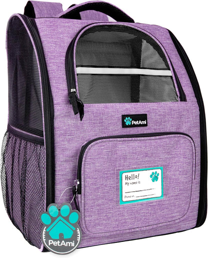Dog Backpack Carrier Airline Approved Cat Pet Puppy Bag, Purple | Ideal for Small Medium Large Pet up to 18 Lb, 2 Side Entry Structured No-Collapse Frame, Ventilated Bookbag for Hiking Travel