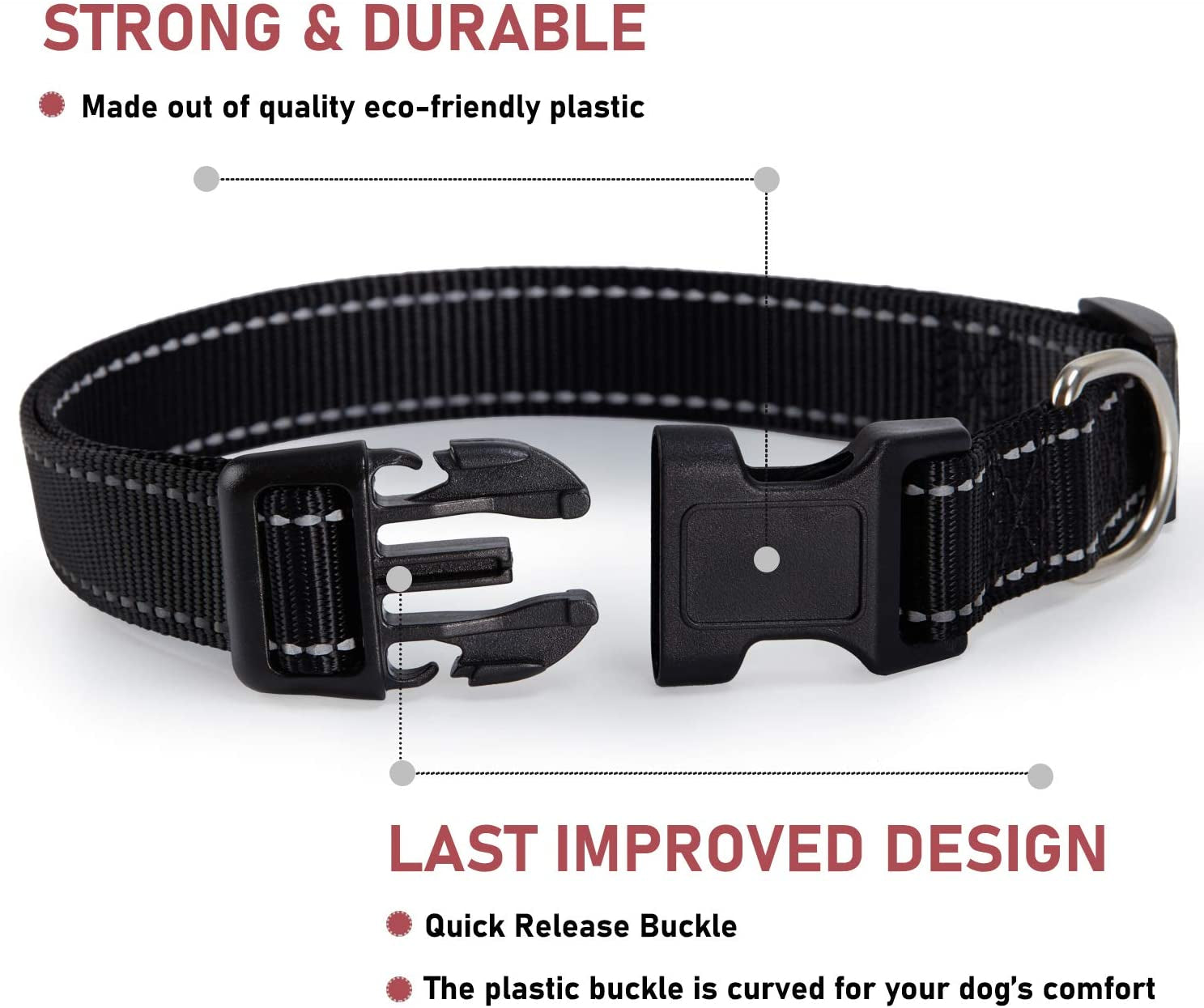 Reflective Dog Collar with Buckle Adjustable Safety Nylon Collars for Small Medium Large Dogs, Black S | Breathable, No Chafing on Walks and Outdoor Hikes, Metal D-Ring, Night Safety