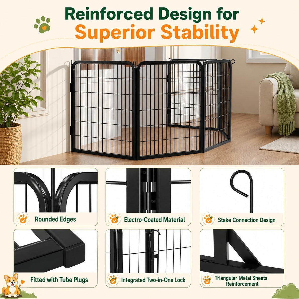 Yaheetech Dog Playpen 32In 16 Panels Pet Fence for Indoor Yard RV Camping | Easy Setup, Heavy Duty Rustproof Frame with Secure Latch Door, DIY Layouts,Foldable Storage, for Small & Medium Dogs