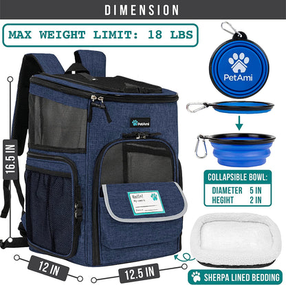 Dog Backpack Carrier, Airline Approved 4-Way Entry Cat Backpack Carrier, Ventilated Mesh, Collapsible Pet Carrier for Small Puppy, Kitten, Hiking, Travel Car, Vet, up to 18 Lbs, Navy Blue