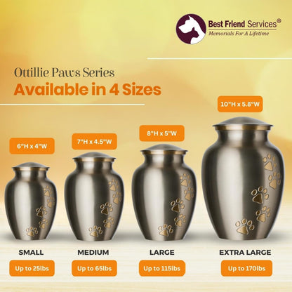 Ottillie Paws Legacy Series Pet Urn for Dogs, Handmade Brass Memorial Cremation Urn (X-Large - Pets up to 170 Lbs, Pewter, Vertical Brass Paws)