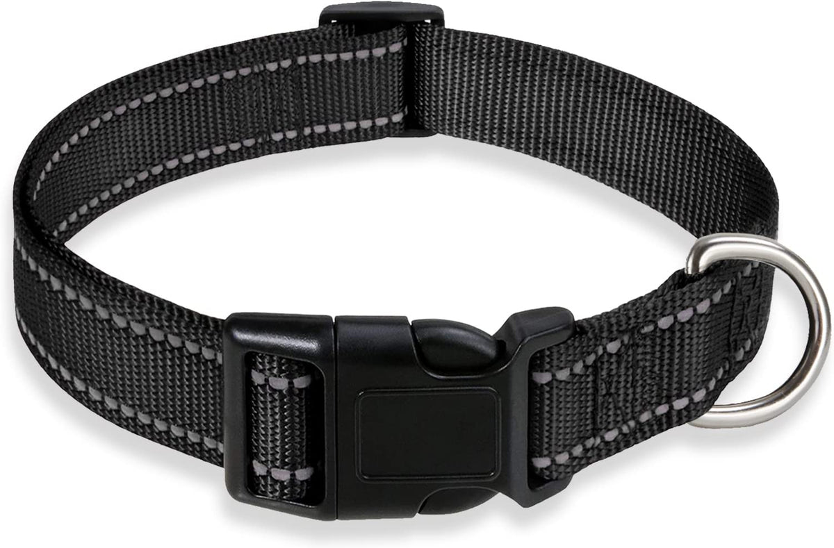 Reflective Dog Collar with Buckle Adjustable Safety Nylon Collars for Small Medium Large Dogs, Black S | Breathable, No Chafing on Walks and Outdoor Hikes, Metal D-Ring, Night Safety