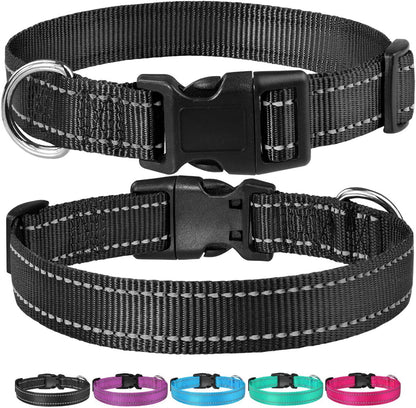 Reflective Dog Collar with Buckle Adjustable Safety Nylon Collars for Small Medium Large Dogs, Black S | Breathable, No Chafing on Walks and Outdoor Hikes, Metal D-Ring, Night Safety