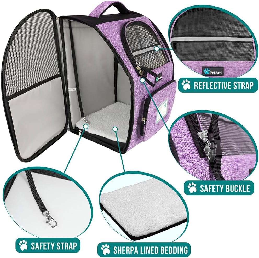 Dog Backpack Carrier Airline Approved Cat Pet Puppy Bag, Purple | Ideal for Small Medium Large Pet up to 18 Lb, 2 Side Entry Structured No-Collapse Frame, Ventilated Bookbag for Hiking Travel
