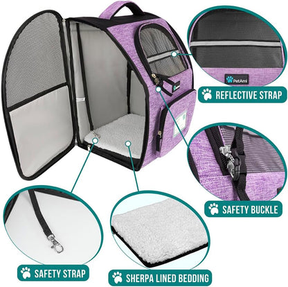 Dog Backpack Carrier Airline Approved Cat Pet Puppy Bag, Purple | Ideal for Small Medium Large Pet up to 18 Lb, 2 Side Entry Structured No-Collapse Frame, Ventilated Bookbag for Hiking Travel