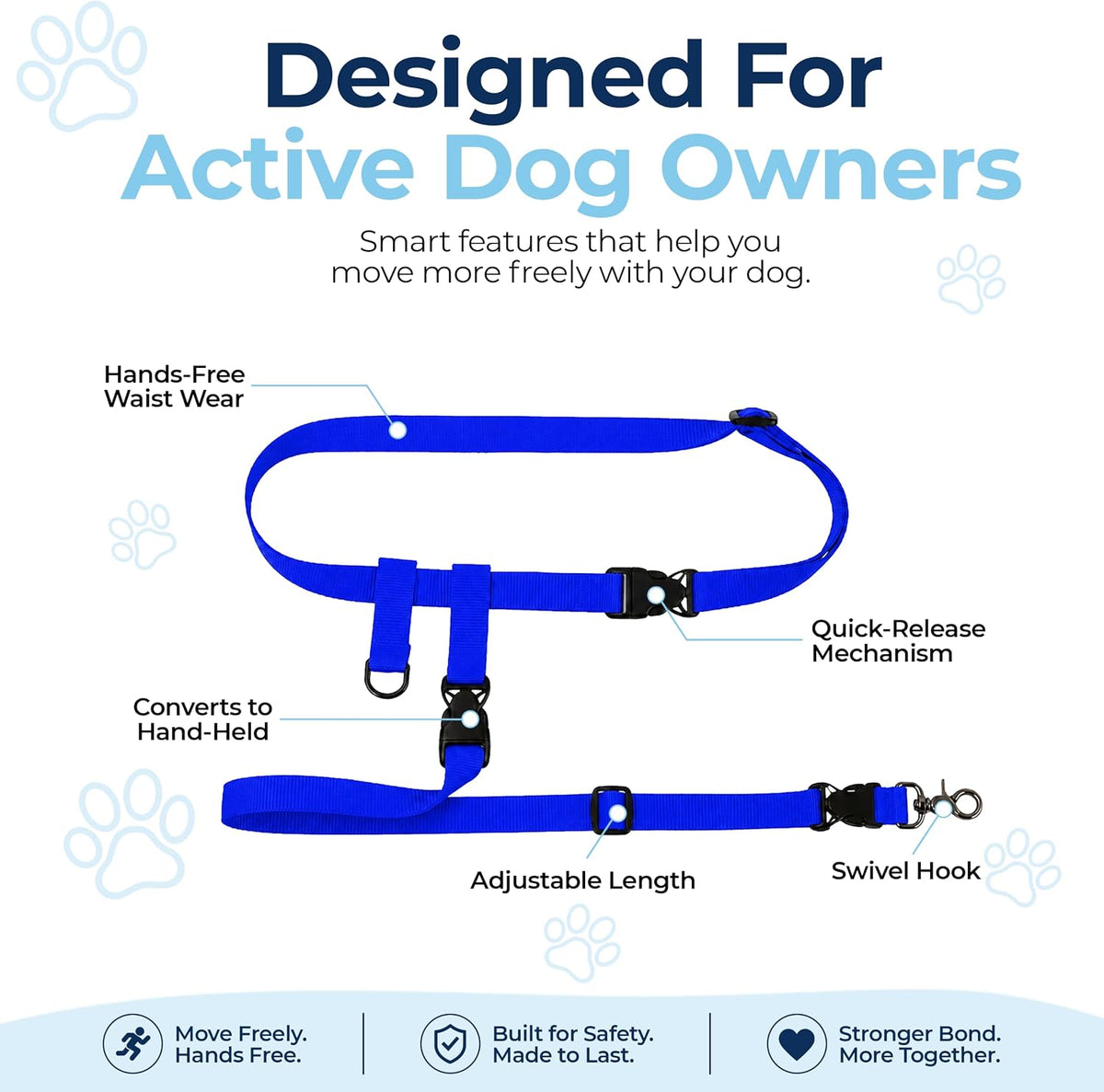 - Hands Free Dog Leash - Regular Dog, Large, Royal Blue | Dog Leash for Walking, Running & Training - Adjustable Waist Belt for Comfort and Control. Customizable - Dogs over 20Lbs.