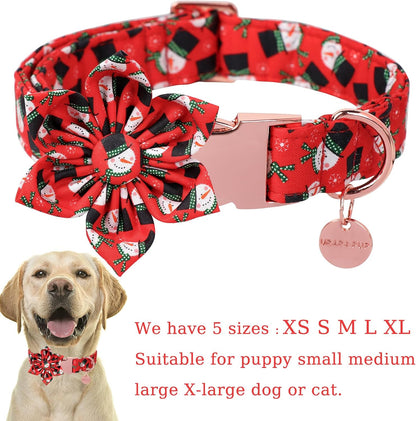 Christmas Dog Collar with Flower, Christmas Flower Collar for Puppy Girl Boy Dog or Cat, Comfortable Dog Collar Flower with Durable Metal Buckle, Cute Pet Collar, M